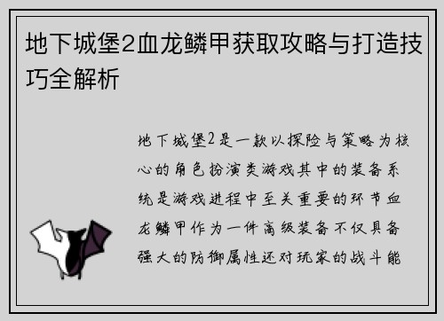 地下城堡2血龙鳞甲获取攻略与打造技巧全解析