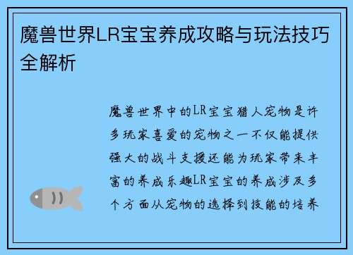 魔兽世界LR宝宝养成攻略与玩法技巧全解析