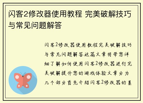 闪客2修改器使用教程 完美破解技巧与常见问题解答